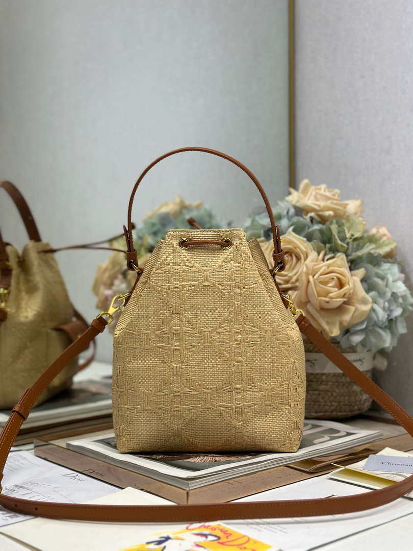 Dior Small Caro Bucket Bag Powder Natural Raffia M3372