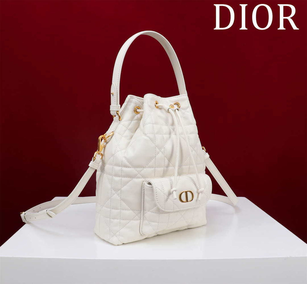 Dior Small Caro Bucket Bag Powder White Macrocannage Lambskin M3372