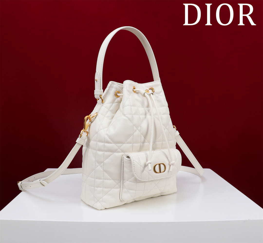 Dior Small Caro Bucket Bag Powder White Macrocannage Lambskin M3372
