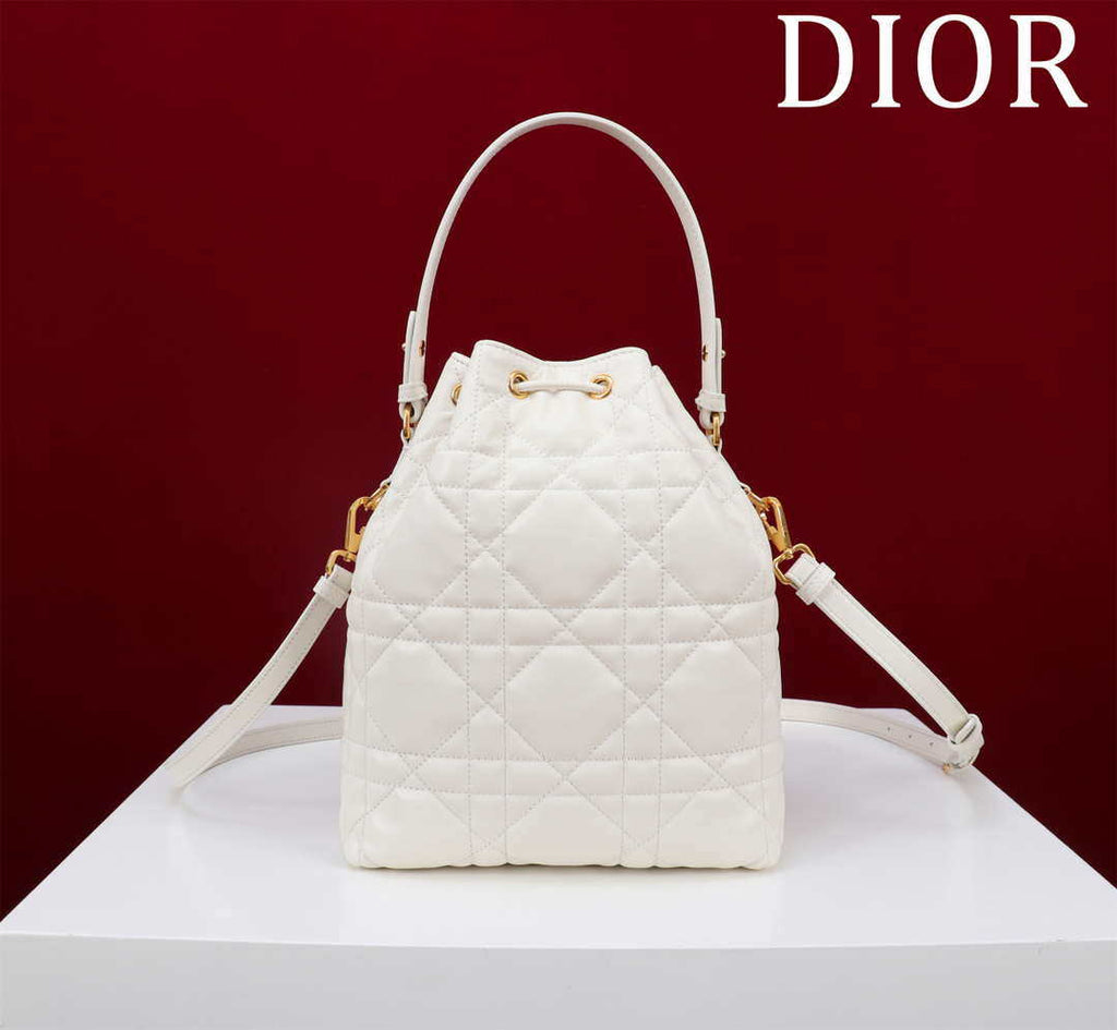 Dior Small Caro Bucket Bag Powder White Macrocannage Lambskin M3372