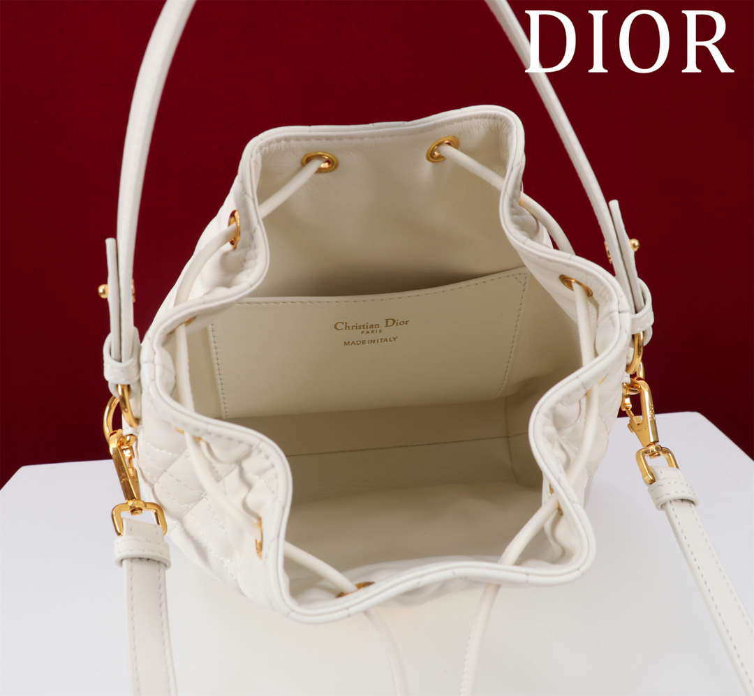 Dior Small Caro Bucket Bag Powder White Macrocannage Lambskin M3372