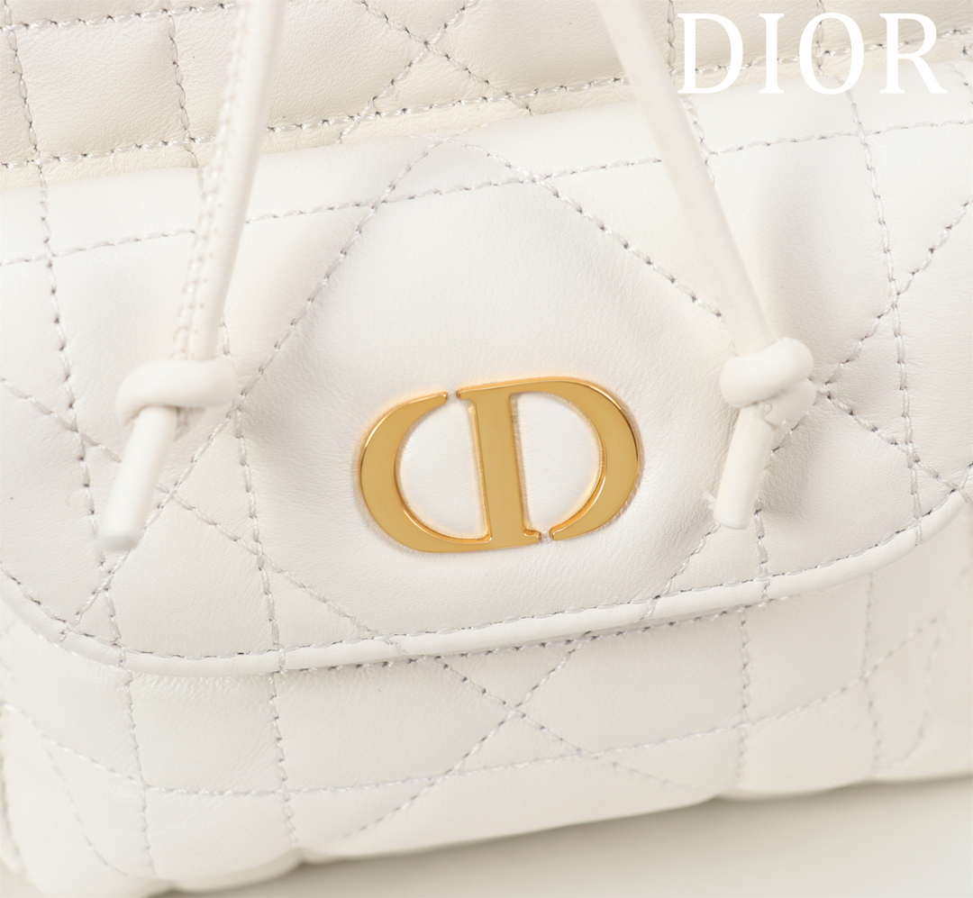 Dior Small Caro Bucket Bag Powder White Macrocannage Lambskin M3372