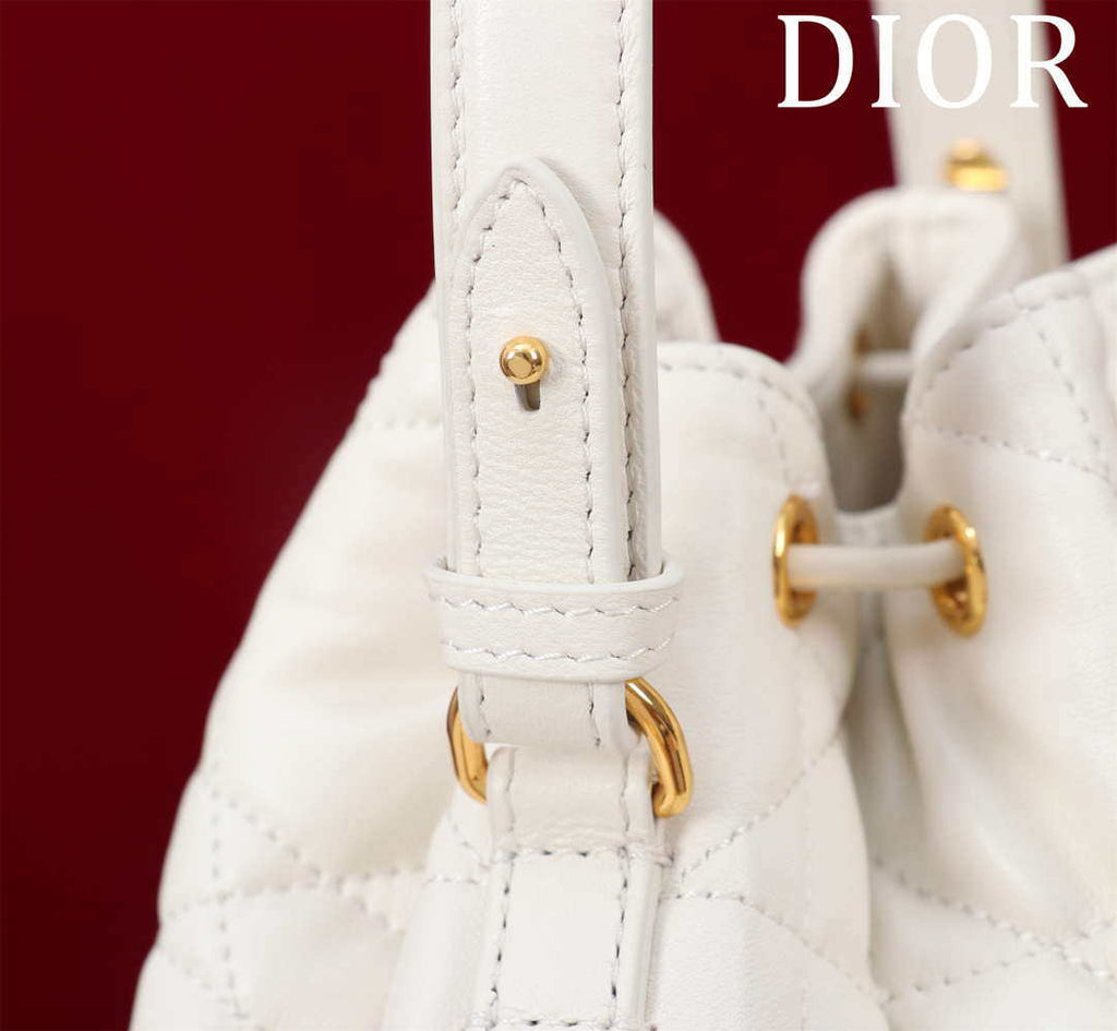 Dior Small Caro Bucket Bag Powder White Macrocannage Lambskin M3372