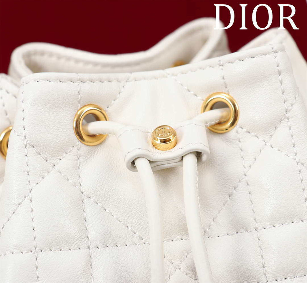 Dior Small Caro Bucket Bag Powder White Macrocannage Lambskin M3372