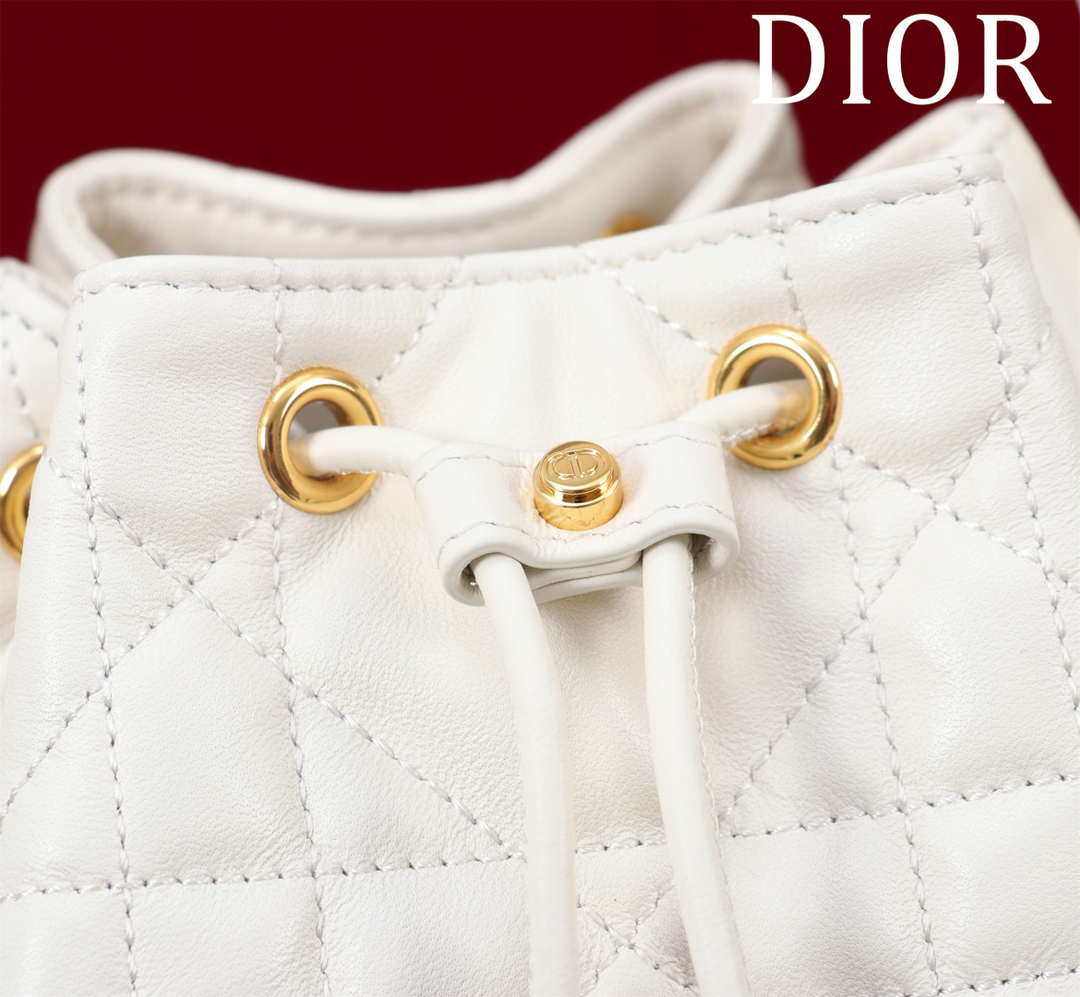 Dior Small Caro Bucket Bag Powder White Macrocannage Lambskin M3372