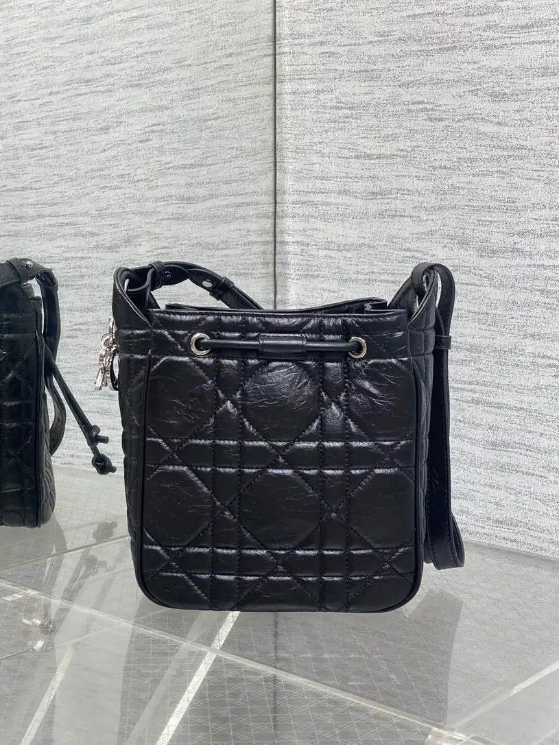Dior Small D-Motion Bag Macrocannage Crinkled Calfskin M2851 Black