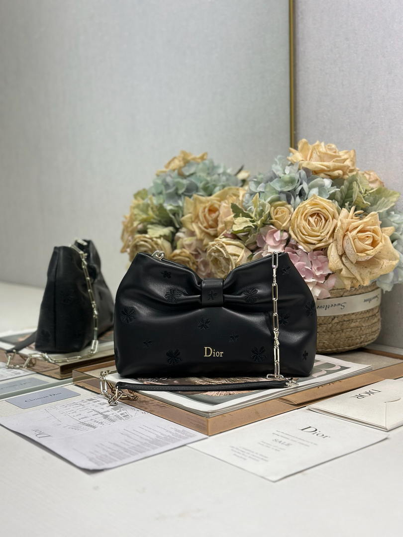 Dior Small Dior Bow Bag Calfskin leather with Bow M0715 Black embroidery - Default Title - View 2