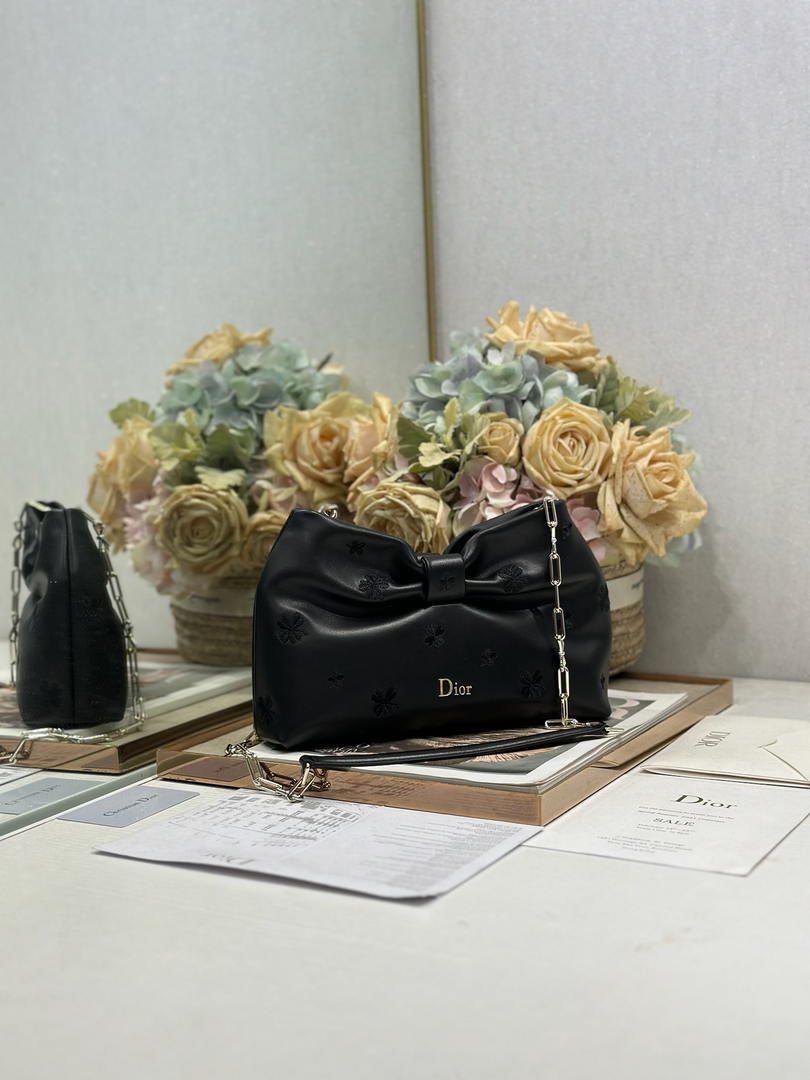 Dior Small Dior Bow Bag Calfskin leather with Bow M0715 Black embroidery