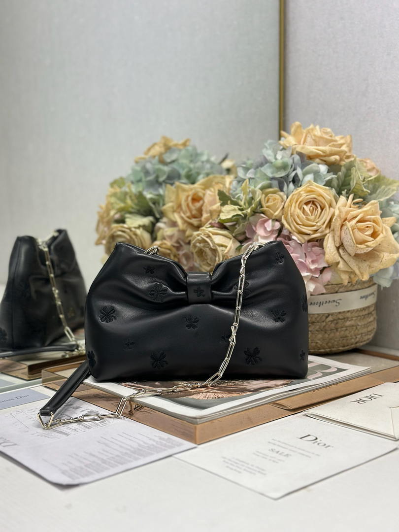 Dior Small Dior Bow Bag Calfskin leather with Bow M0715 Black embroidery