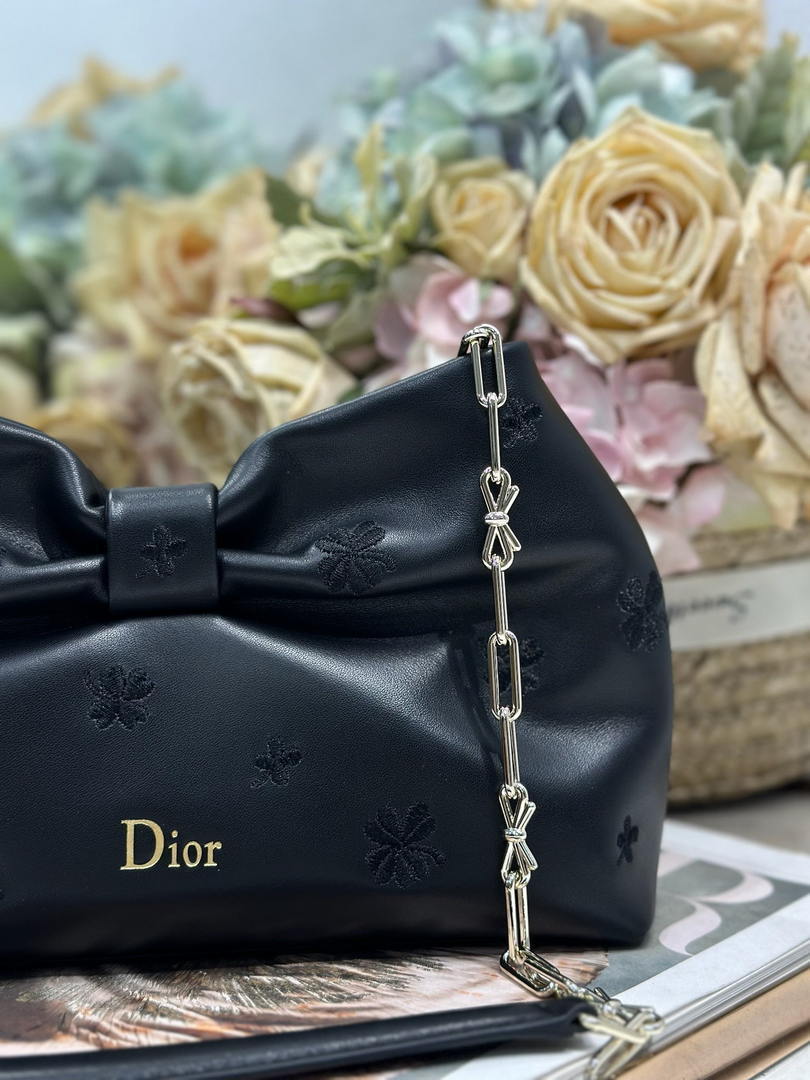 Dior Small Dior Bow Bag Calfskin leather with Bow M0715 Black embroidery - Default Title - View 6