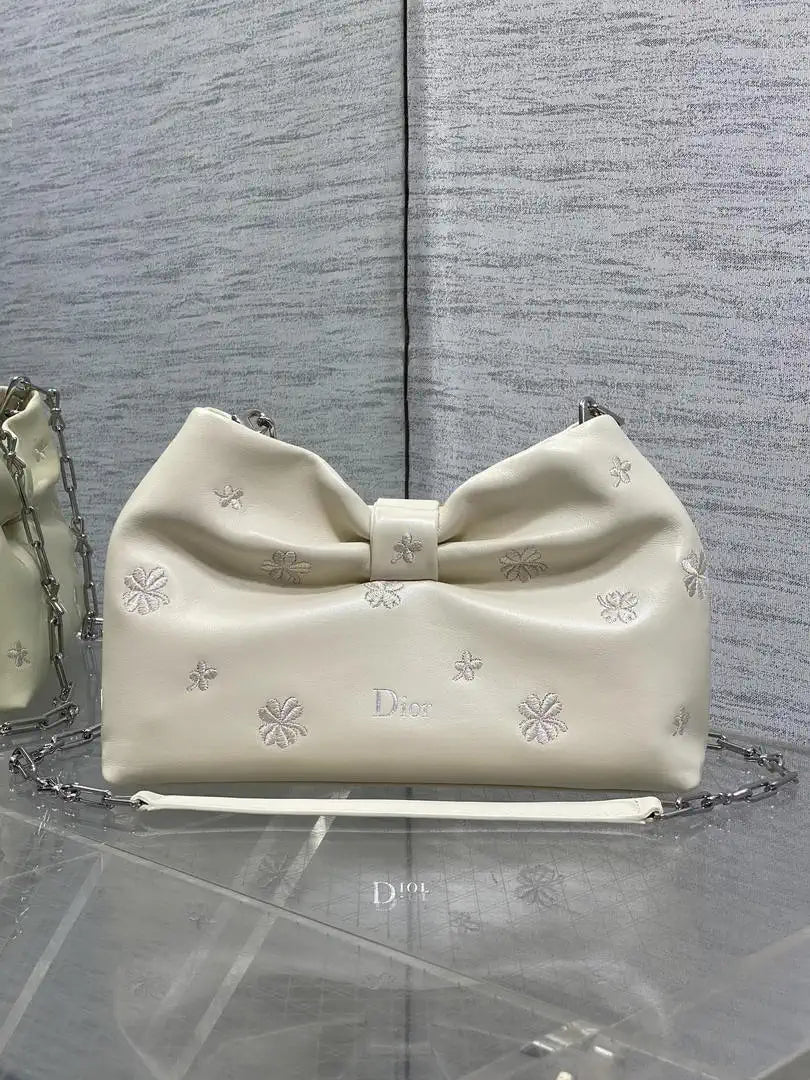 Dior Small Dior Bow Bag Calfskin leather with Bow M0715 White