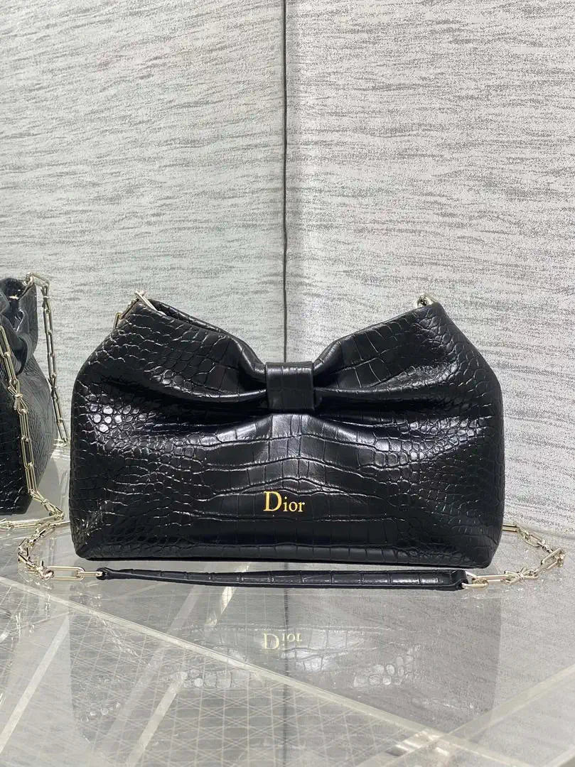 Dior Small Dior Bow Bag Calfskin leather with crocodile pattern M0715 Black