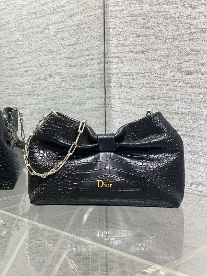 Dior Small Dior Bow Bag Calfskin leather with crocodile pattern M0715 Black
