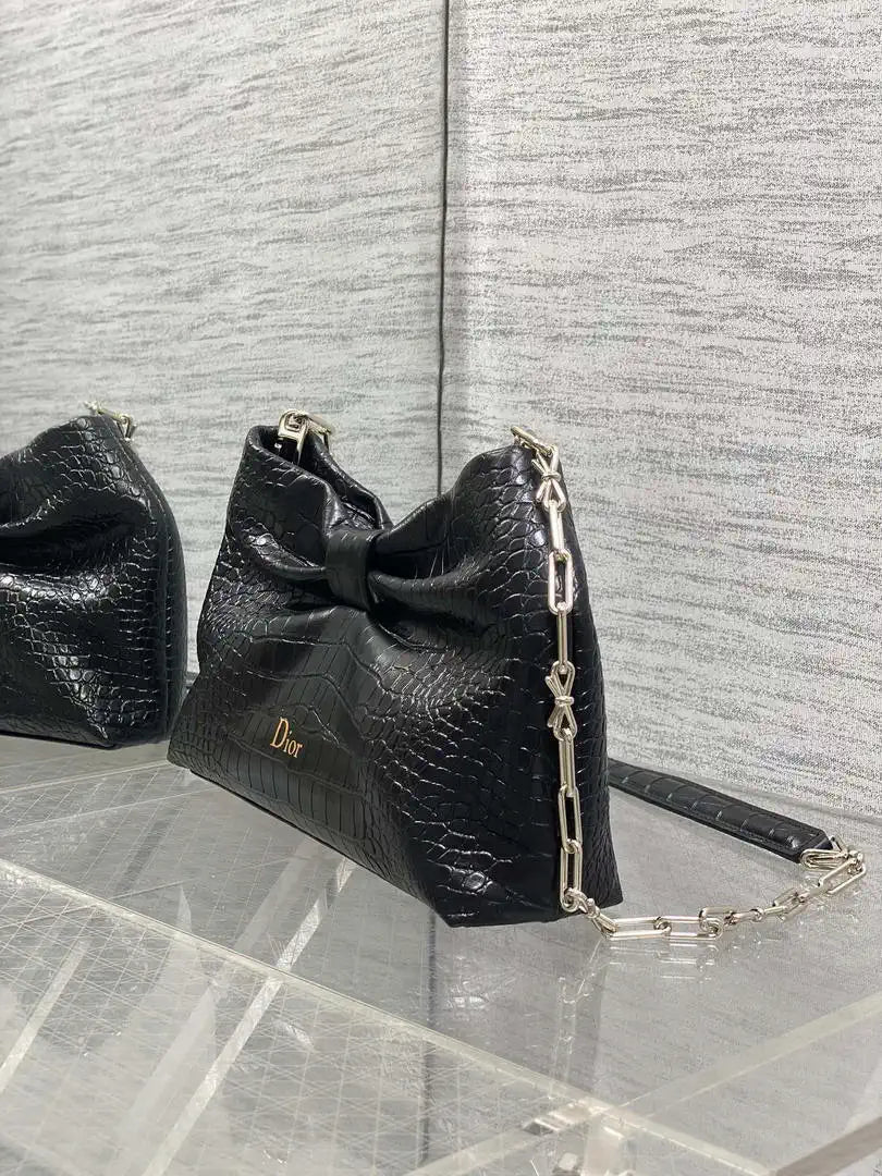Dior Small Dior Bow Bag Calfskin leather with crocodile pattern M0715 Black