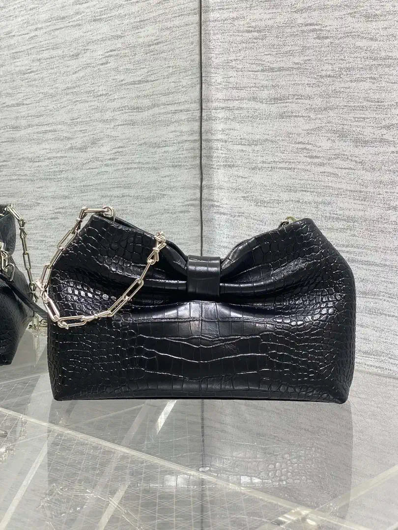 Dior Small Dior Bow Bag Calfskin leather with crocodile pattern M0715 Black