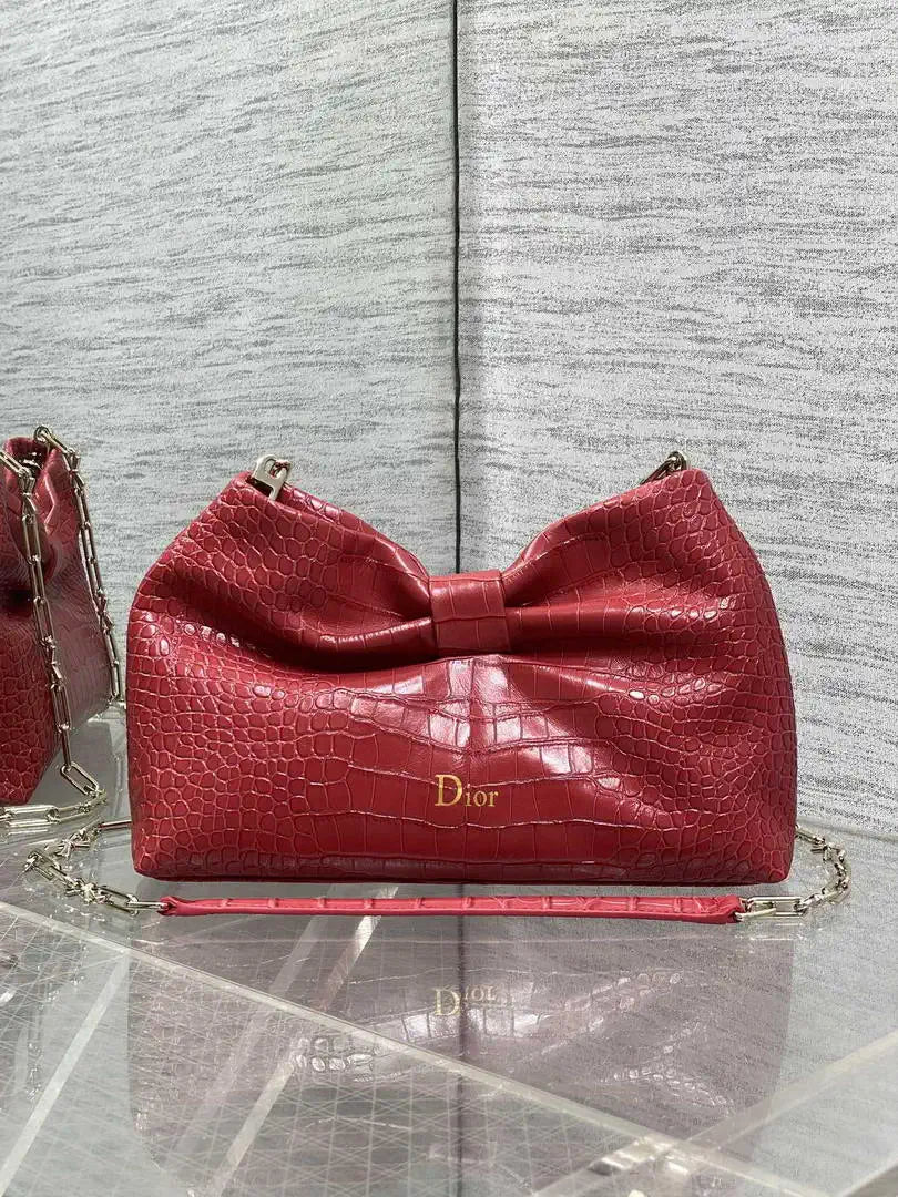 Dior Small Dior Bow Bag Calfskin leather with crocodile pattern M0715 Red