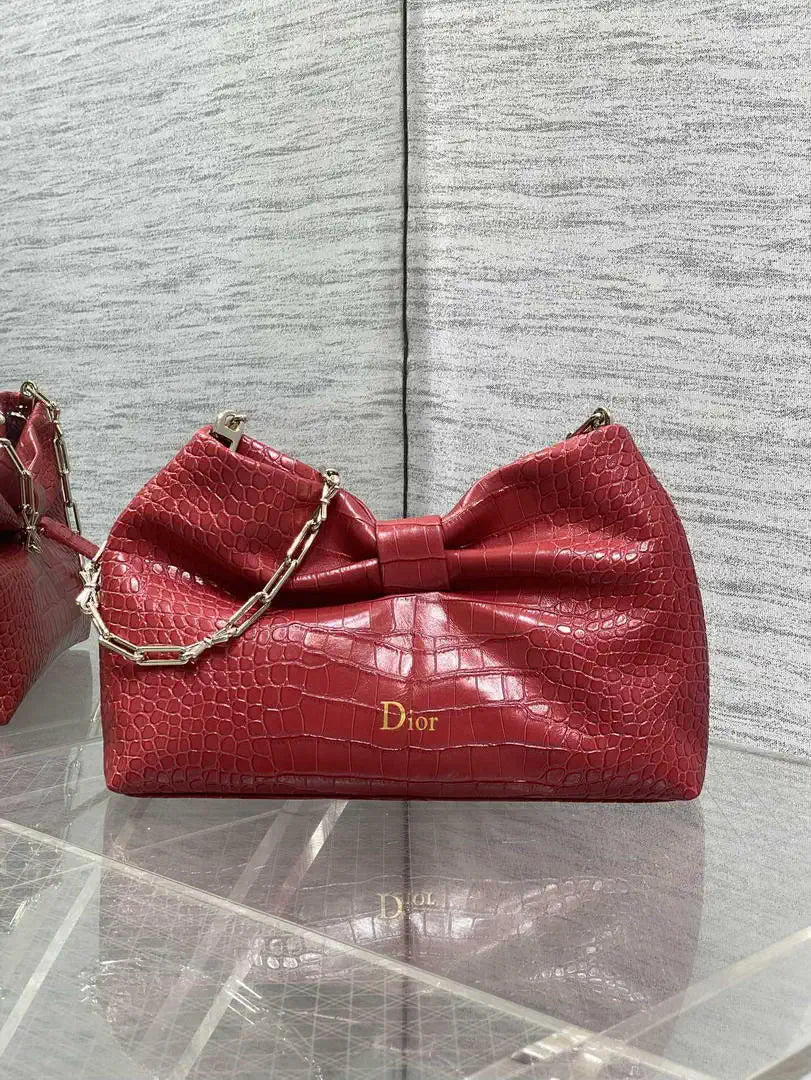 Dior Small Dior Bow Bag Calfskin leather with crocodile pattern M0715 Red