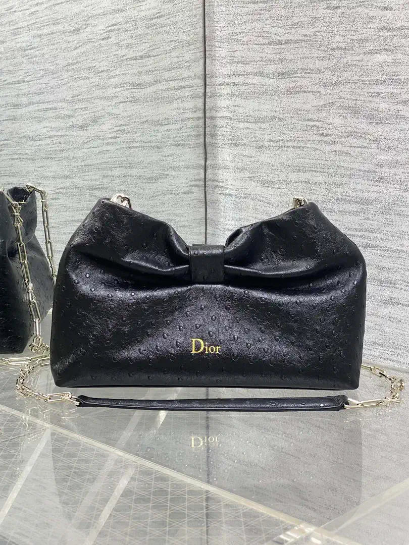 Dior Small Dior Bow Bag Calfskin leather with ostrich pattern M0715 Black