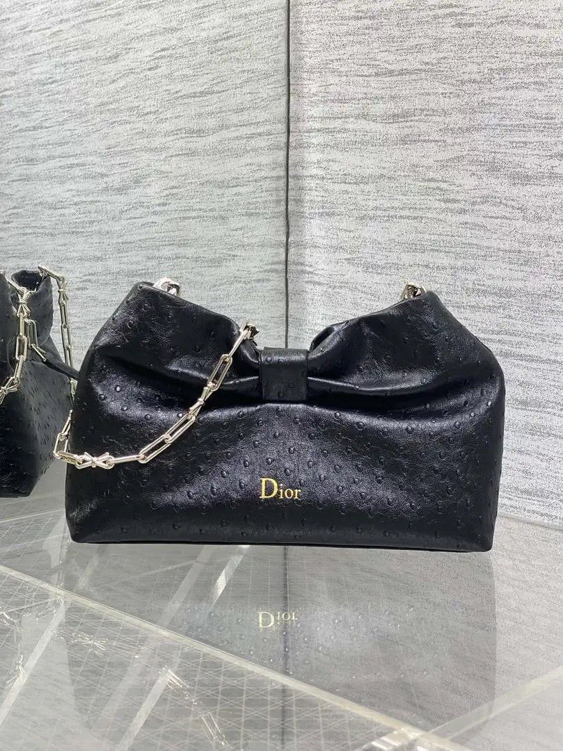 Dior Small Dior Bow Bag Calfskin leather with ostrich pattern M0715 Black