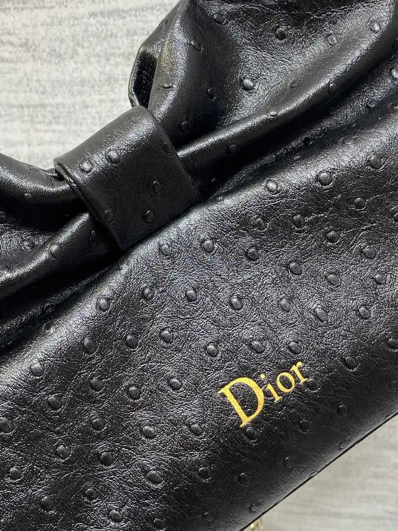 Dior Small Dior Bow Bag Calfskin leather with ostrich pattern M0715 Black