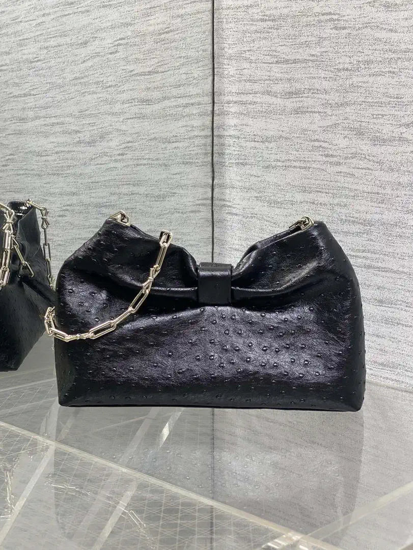 Dior Small Dior Bow Bag Calfskin leather with ostrich pattern M0715 Black