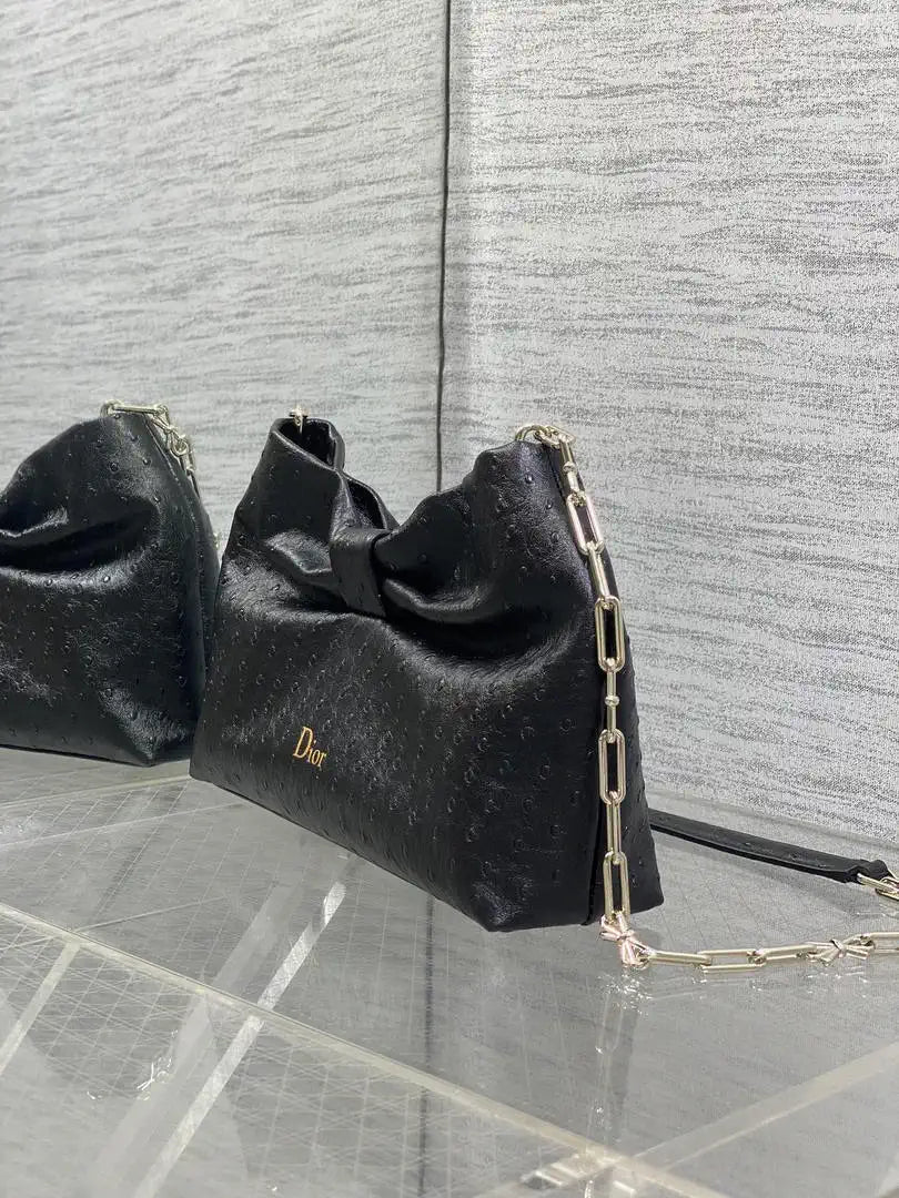 Dior Small Dior Bow Bag Calfskin leather with ostrich pattern M0715 Black
