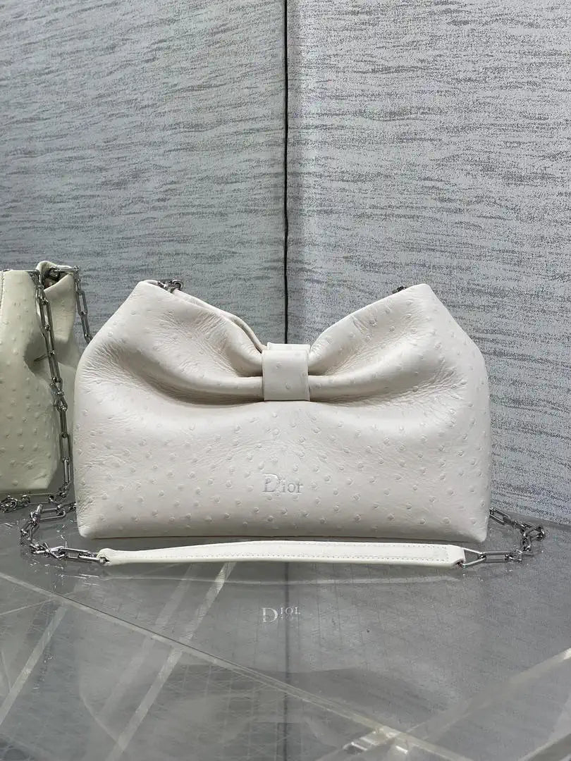 Dior Small Dior Bow Bag Calfskin leather with ostrich pattern M0715 White