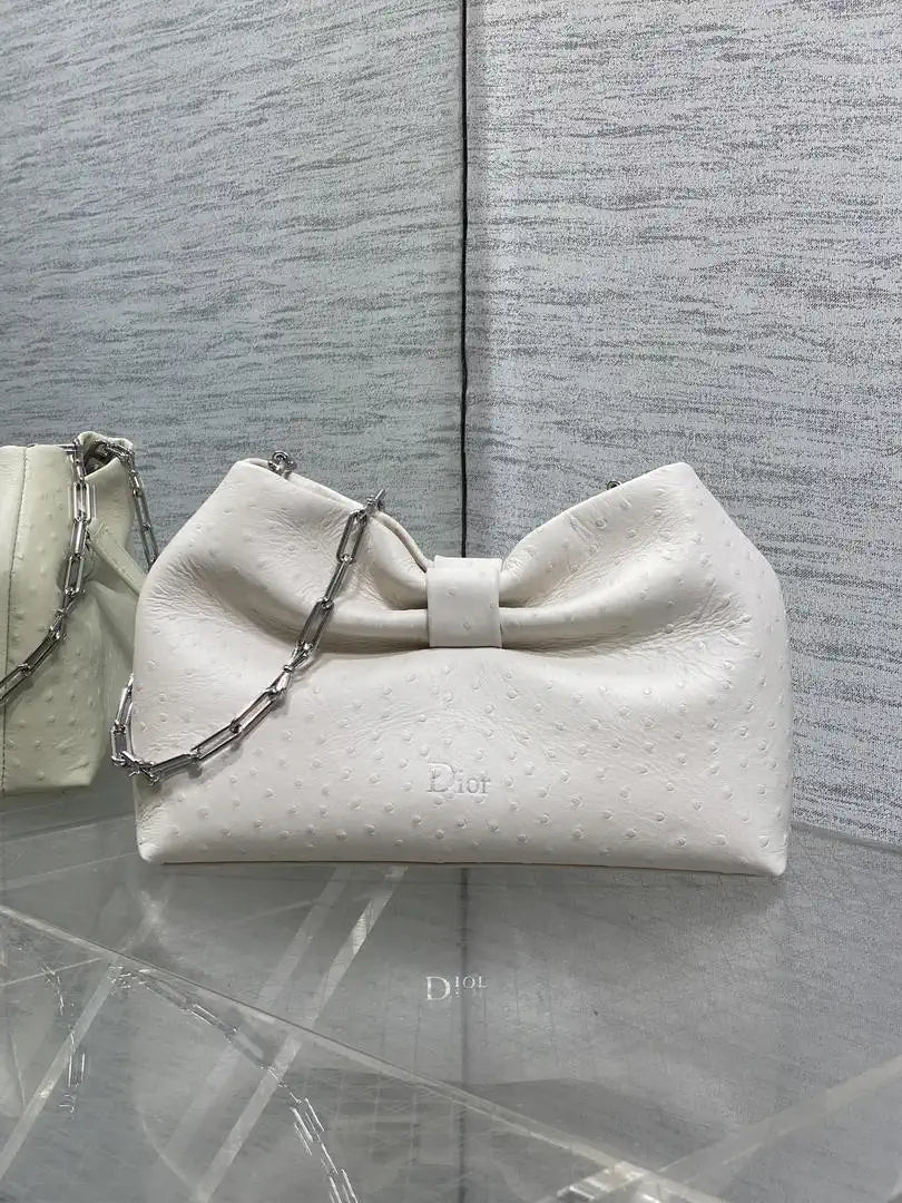 Dior Small Dior Bow Bag Calfskin leather with ostrich pattern M0715 White