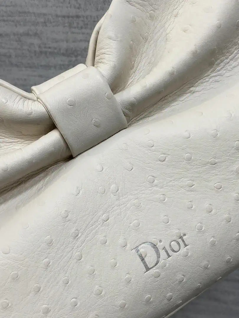 Dior Small Dior Bow Bag Calfskin leather with ostrich pattern M0715 White