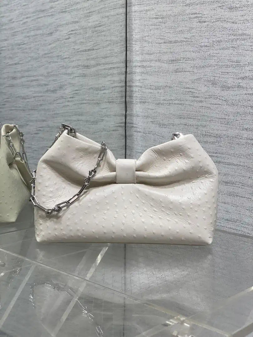 Dior Small Dior Bow Bag Calfskin leather with ostrich pattern M0715 White