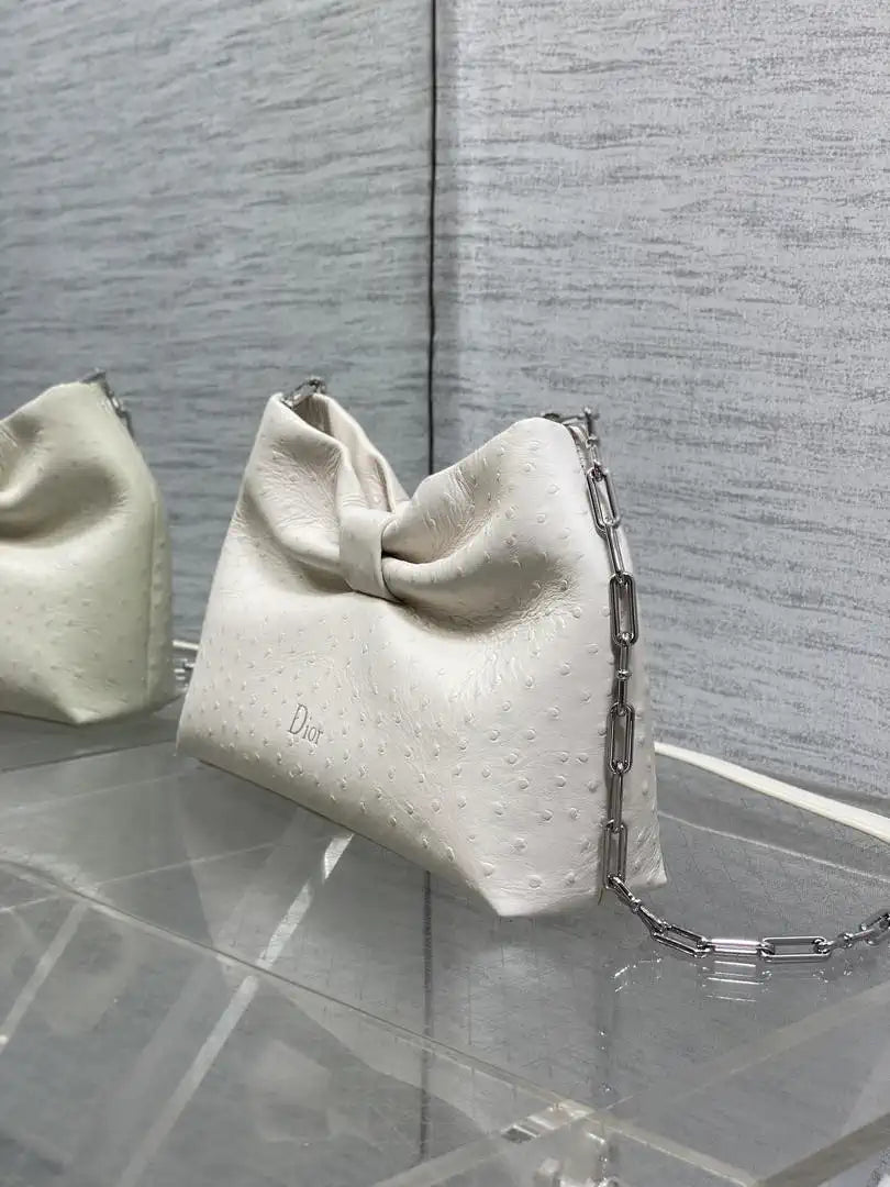 Dior Small Dior Bow Bag Calfskin leather with ostrich pattern M0715 White