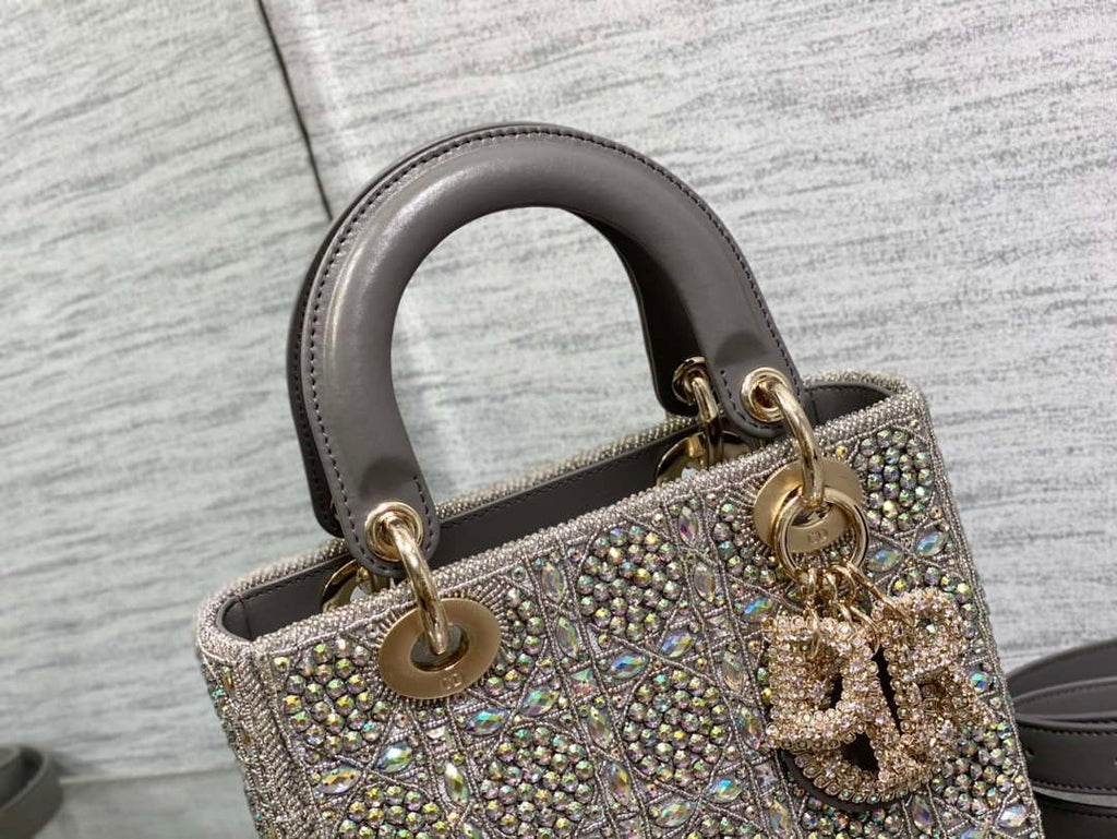 Dior Small Lady Bag Lambskin M0538 Limited Edition Heavy Industry Beads Gray