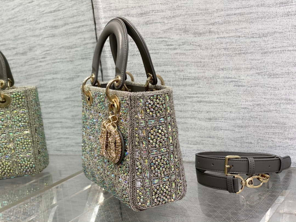 Dior Small Lady Bag Lambskin M0538 Limited Edition Heavy Industry Beads Gray
