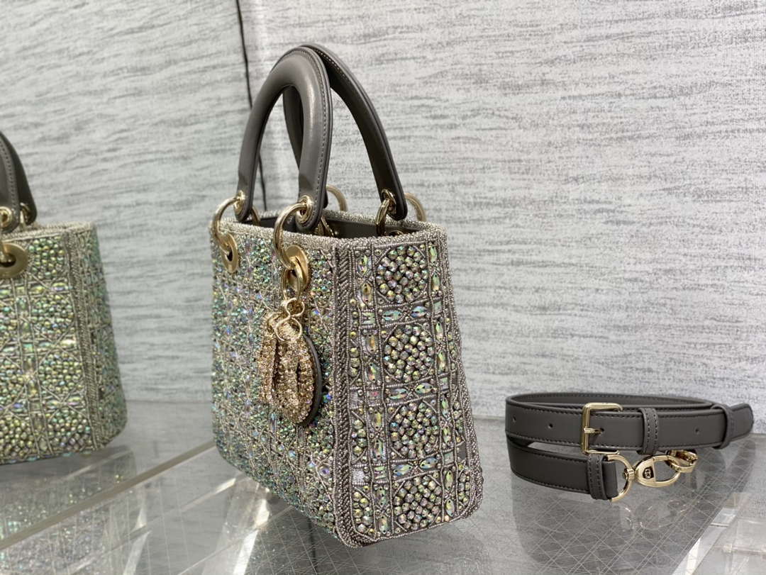 Dior Small Lady Bag Lambskin M0538 Limited Edition Heavy Industry Beads Gray - Default Title - View 6