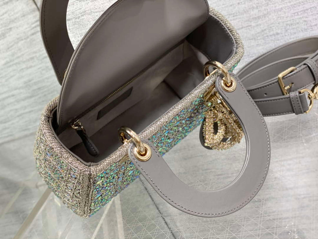 Dior Small Lady Bag Lambskin M0538 Limited Edition Heavy Industry Beads Gray