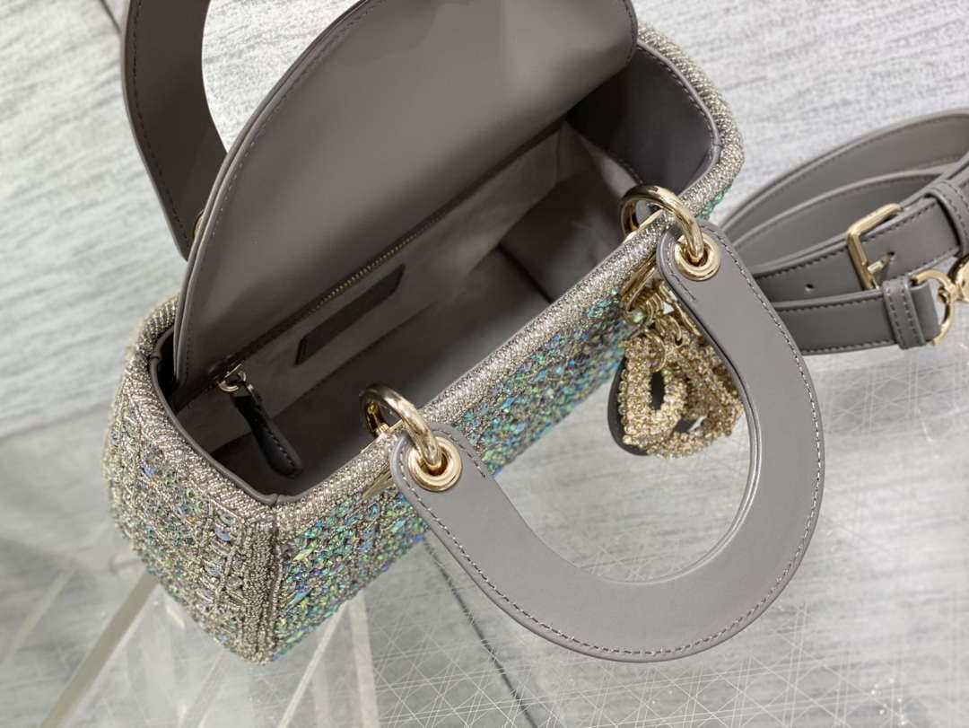 Dior Small Lady Bag Lambskin M0538 Limited Edition Heavy Industry Beads Gray