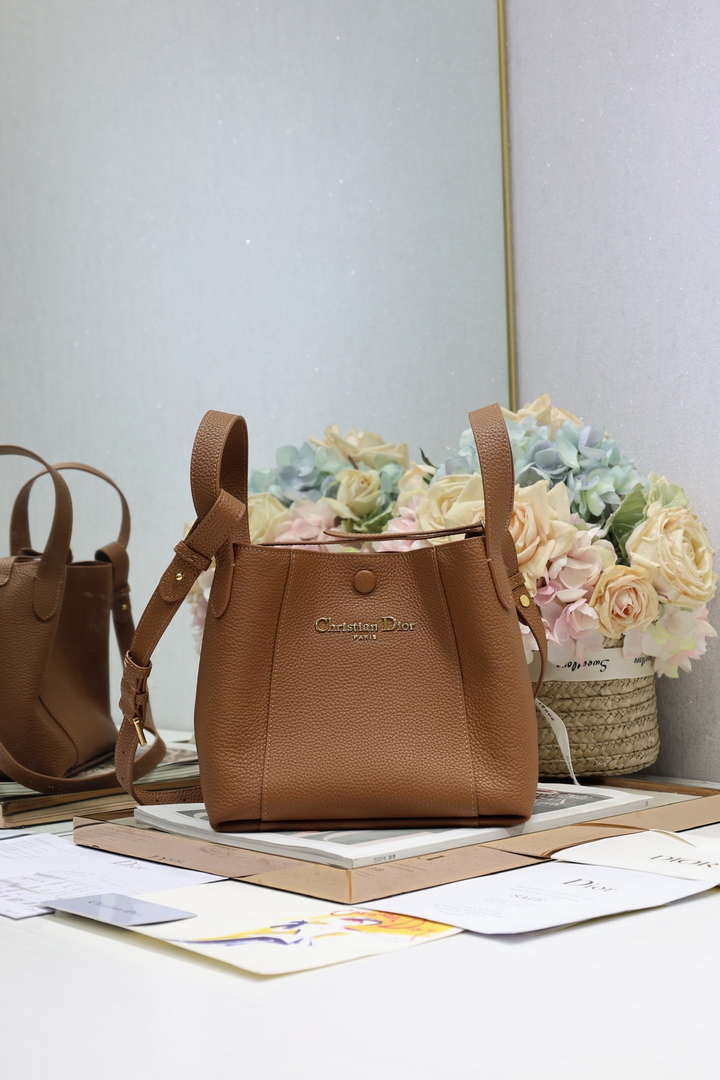Dior M2840 Small Signature Bucket Bag Grained Calfskin Brown