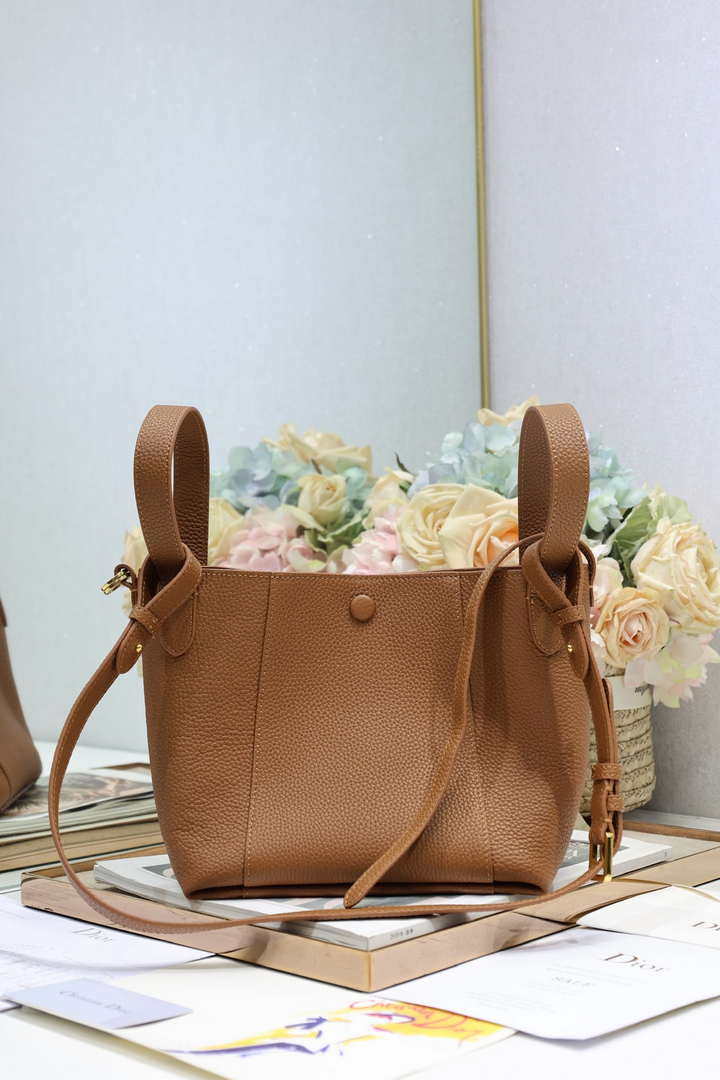 Dior M2840 Small Signature Bucket Bag Grained Calfskin Brown