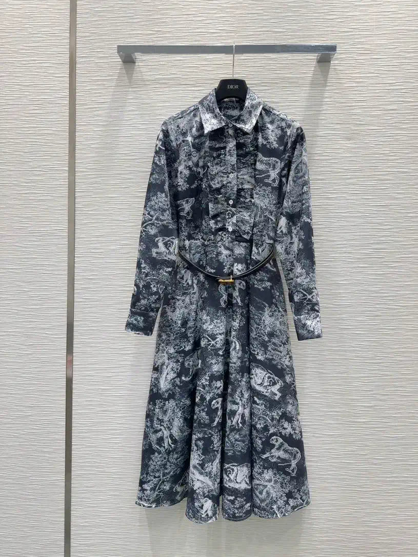 Dior Women Leaf Print Ruffle Shirt Dress D38701