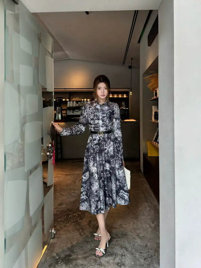 Dior Women Leaf Print Ruffle Shirt Dress D38701