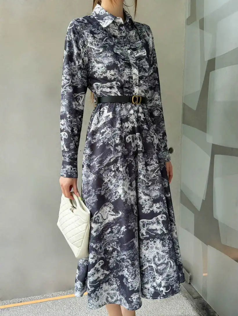 Dior Women Leaf Print Ruffle Shirt Dress D38701