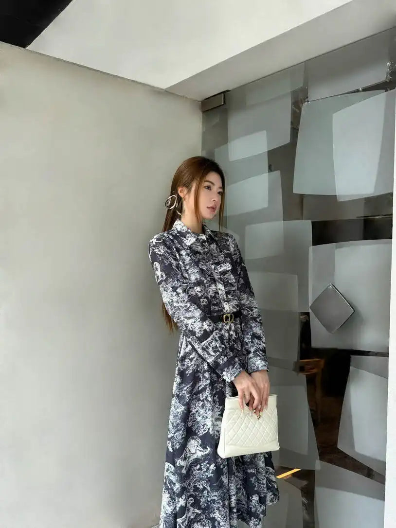 Dior Women Leaf Print Ruffle Shirt Dress D38701