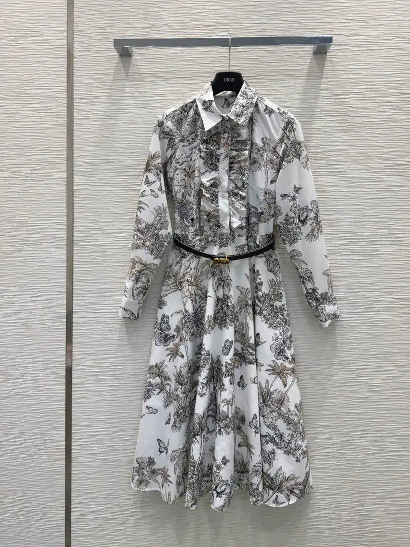 Dior Women Leaf Print Ruffle Shirt Dress D38702