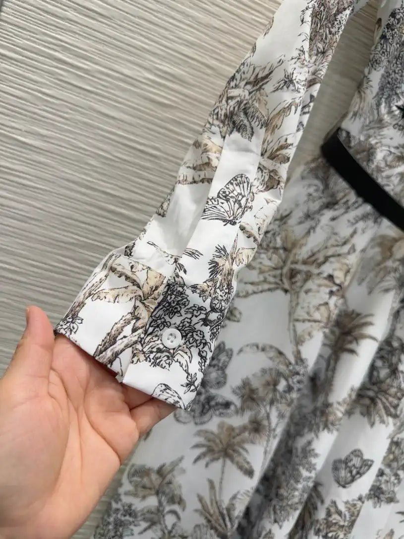 Dior Women Leaf Print Ruffle Shirt Dress D38702