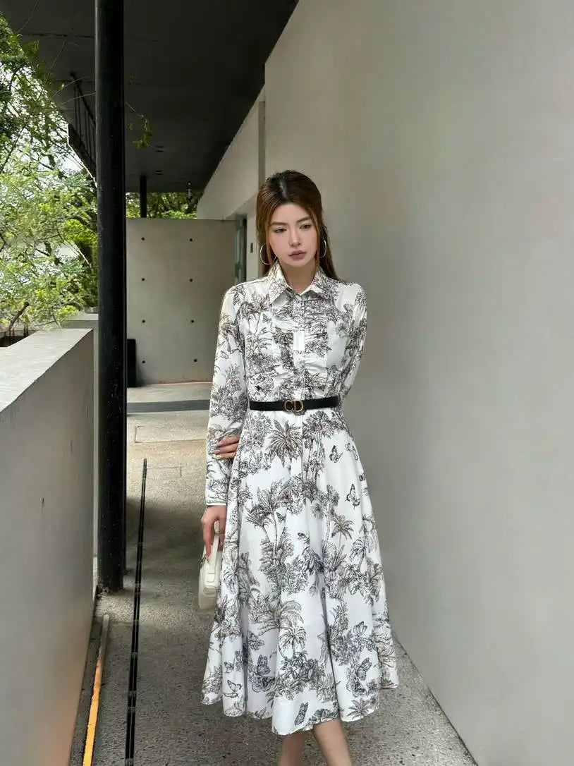 Dior Women Leaf Print Ruffle Shirt Dress D38702