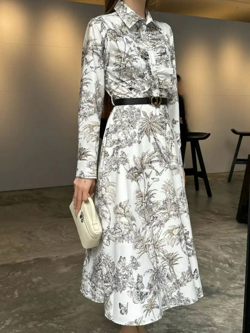 Dior Women Leaf Print Ruffle Shirt Dress D38702