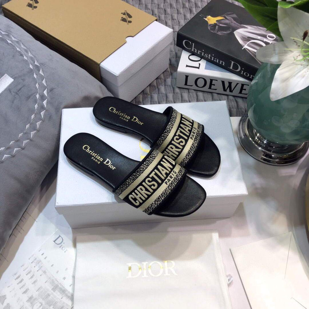 Dior Women¡®s Dway Slide KCQ166 Deep Blue Embroidered Cotton - luxibagsmall