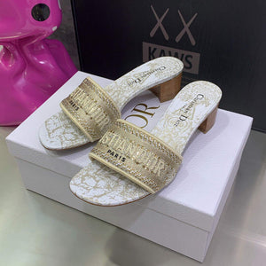 Dior Women's Shoes Dway Heeled Slide Metallic Thread Strass KCQ244CHS Gold - 35 - View 1