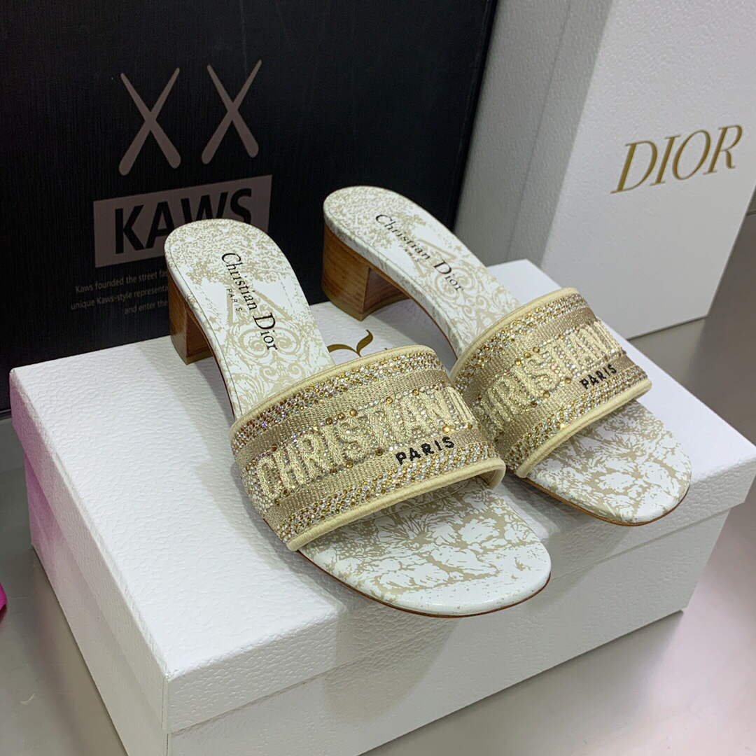 Dior Women's Shoes Dway Heeled Slide Metallic Thread Strass KCQ244CHS Gold