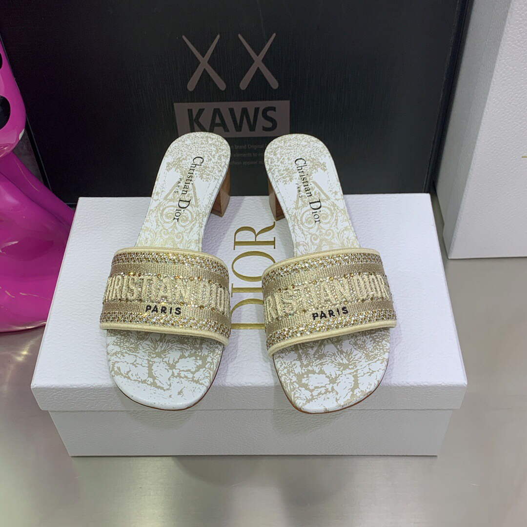 Dior Women's Shoes Dway Heeled Slide Metallic Thread Strass KCQ244CHS Gold